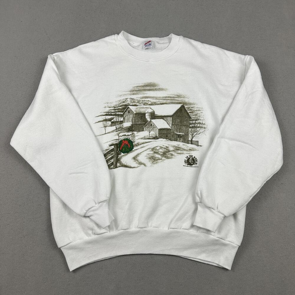 Vintage Jerzees Sweatshirt Men XL White Joy To The World Christmas Fleece USA